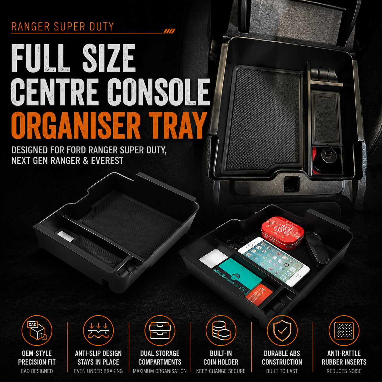 Ranger Super Duty / NextGen Ranger / Raptor / Everest - Full Sized Centre Console Storage Tray