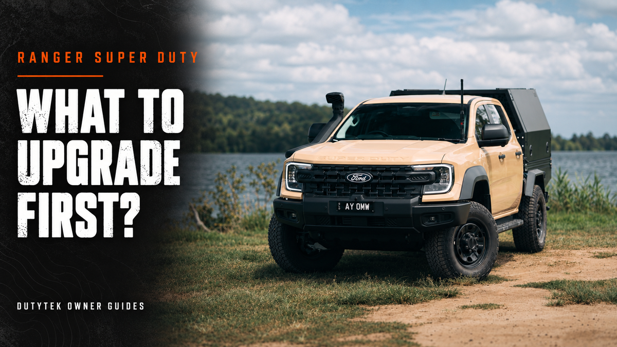 Tan Ranger Super Duty beside a lake with the heading What to upgrade first?